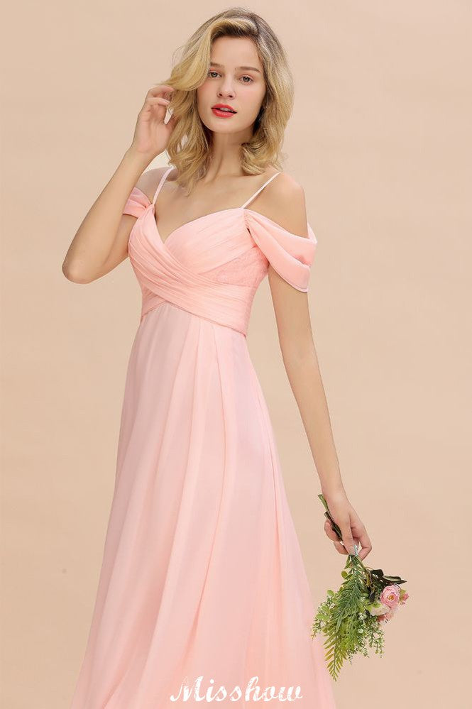 Vestido de dama de honor de corte A con tirantes al descubierto, de gasa.