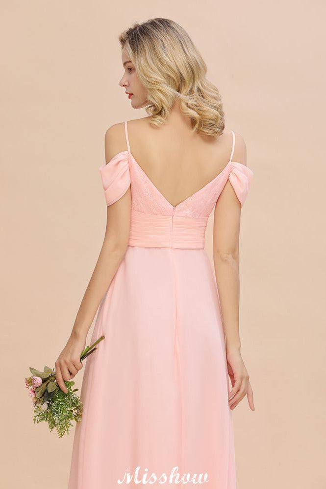 Vestido de dama de honor de corte A con tirantes al descubierto, de gasa.