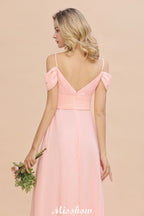 Vestido de dama de honor de corte A con tirantes al descubierto, de gasa.