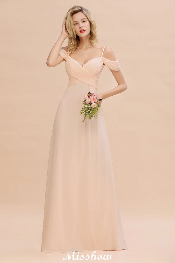 Vestido de dama de honor de corte A con tirantes al descubierto, de gasa.