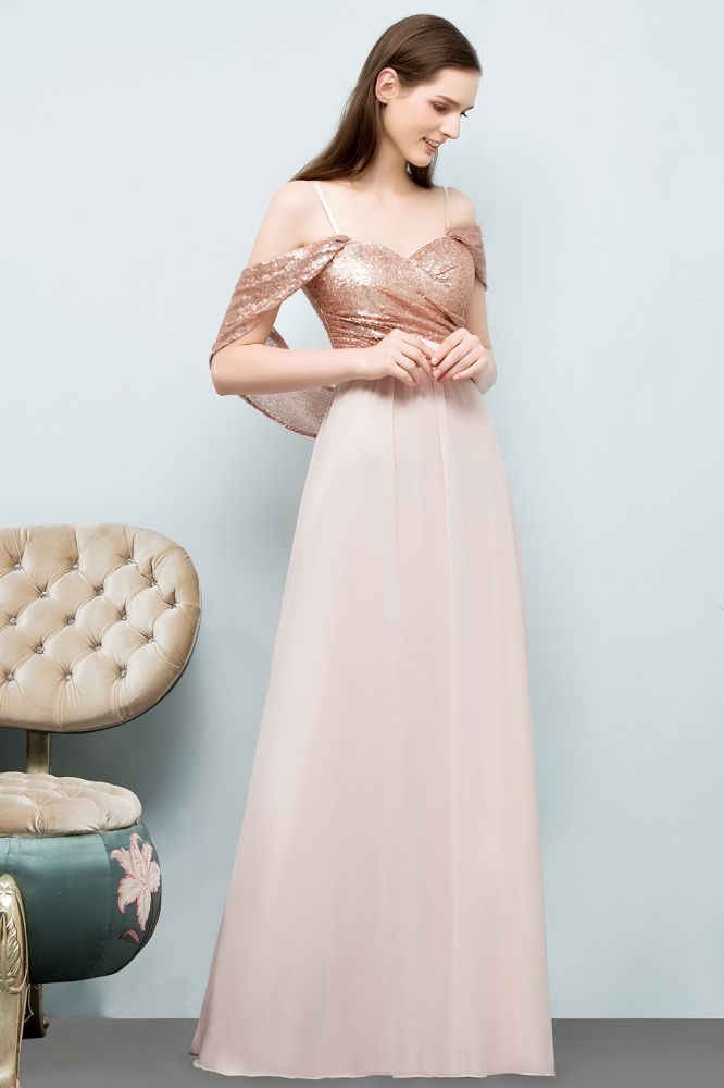 Vestidos de fiesta largos de gasa con lentejuelas, escote corazón y corte en A con hombros descubiertos