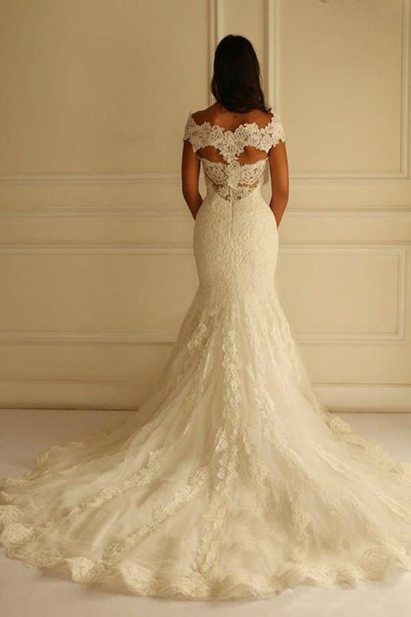 Off Shoulder Court Train Short Sleeves Mermaid Lace Wedding Dress WD104