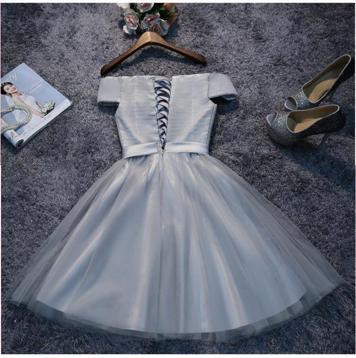 Robes de bal courtes en tulle gris à épaules dénudées, robes de soirée PD111