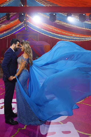 Off-Shoulder Royal Blue Mermaid Prom Dress with Overskirt Sequins and Beads