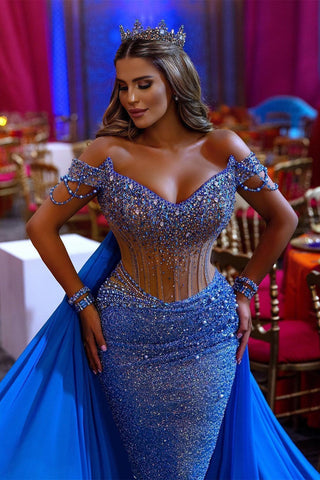 Off-Shoulder Royal Blue Mermaid Prom Dress with Overskirt Sequins and Beads