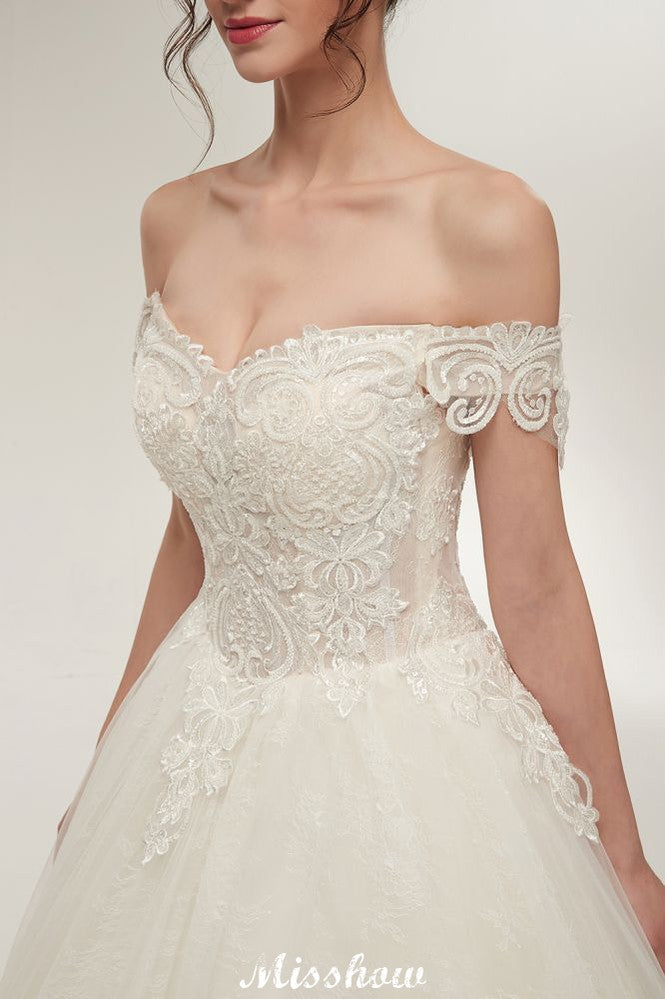 Vestidos de novia largos hasta el suelo con escote corazón, corte en A, cordones y apliques de encaje (hombros descubiertos)