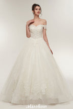 Vestidos de novia largos hasta el suelo con escote corazón, corte en A, cordones y apliques de encaje (hombros descubiertos)