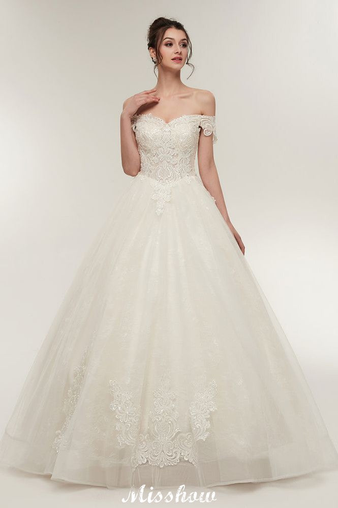Vestidos de novia largos hasta el suelo con escote corazón, corte en A, cordones y apliques de encaje (hombros descubiertos)