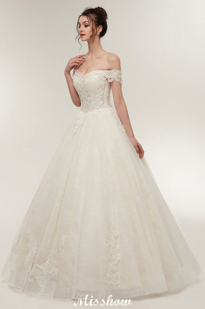 Vestidos de novia largos hasta el suelo con escote corazón, corte en A, cordones y apliques de encaje (hombros descubiertos)
