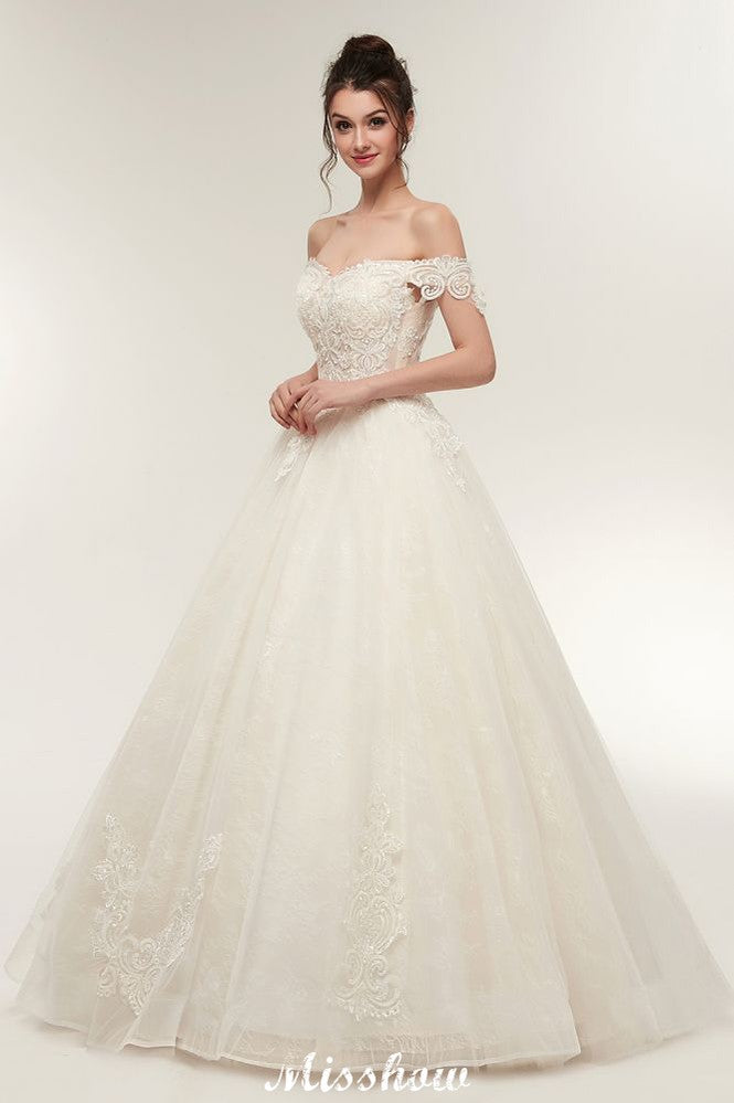 Vestidos de novia largos hasta el suelo con escote corazón, corte en A, cordones y apliques de encaje (hombros descubiertos)