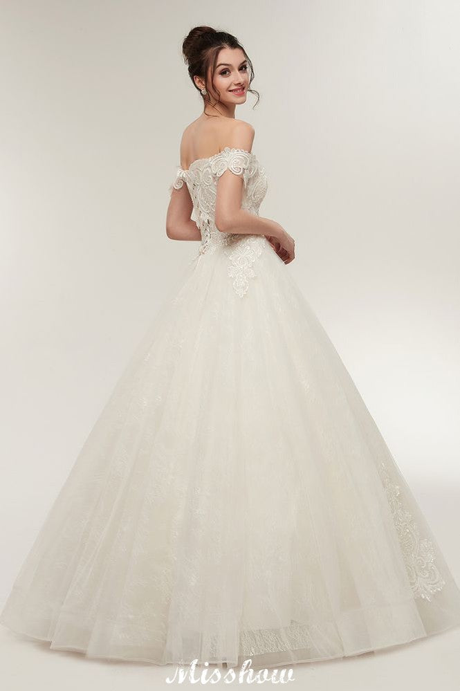 Vestidos de novia largos hasta el suelo con escote corazón, corte en A, cordones y apliques de encaje (hombros descubiertos)