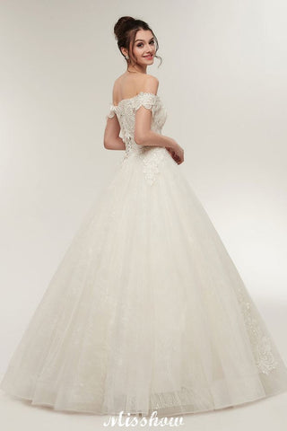 Vestidos de novia largos hasta el suelo con escote corazón, corte en A, cordones y apliques de encaje (hombros descubiertos)