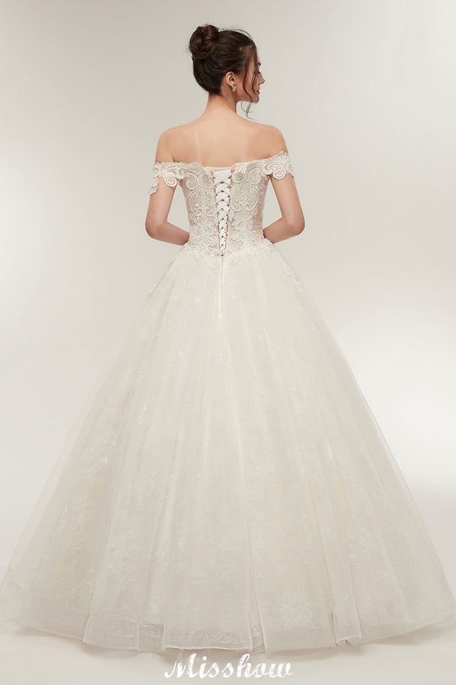 Vestidos de novia largos hasta el suelo con escote corazón, corte en A, cordones y apliques de encaje (hombros descubiertos)