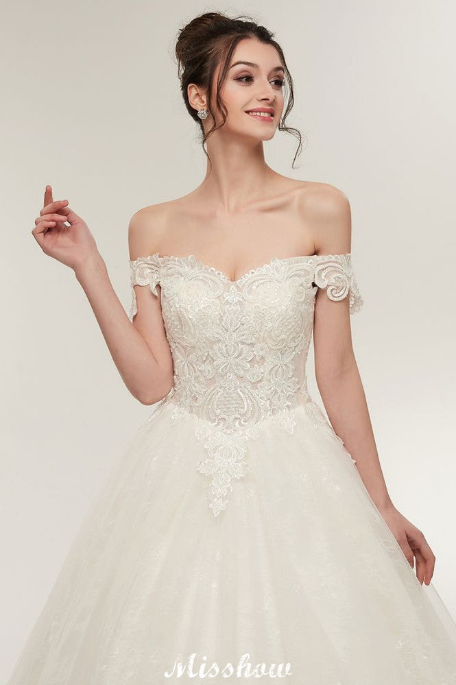 Vestidos de novia largos hasta el suelo con escote corazón, corte en A, cordones y apliques de encaje (hombros descubiertos)
