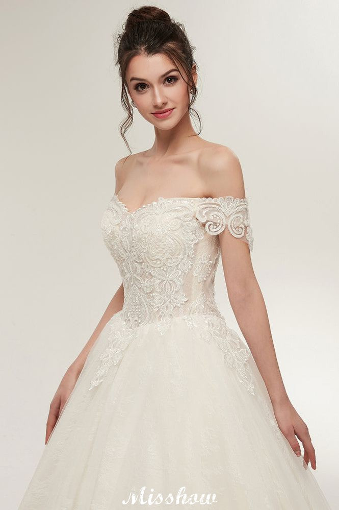 Vestidos de novia largos hasta el suelo con escote corazón, corte en A, cordones y apliques de encaje (hombros descubiertos)