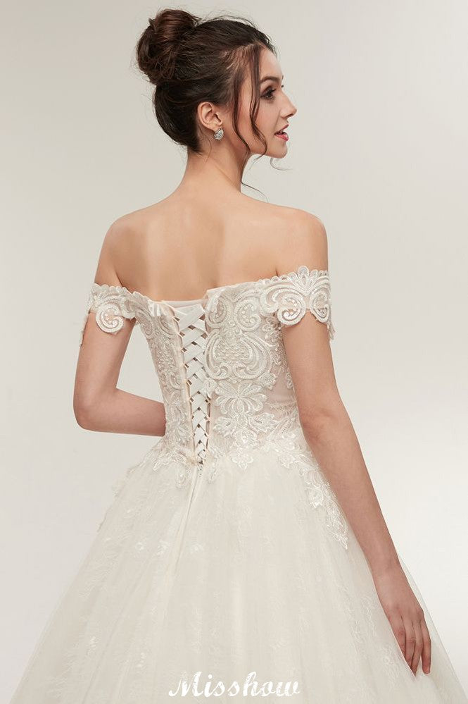 Vestidos de novia largos hasta el suelo con escote corazón, corte en A, cordones y apliques de encaje (hombros descubiertos)