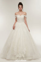 Vestidos de novia largos hasta el suelo con escote corazón, corte en A, cordones y apliques de encaje (hombros descubiertos)