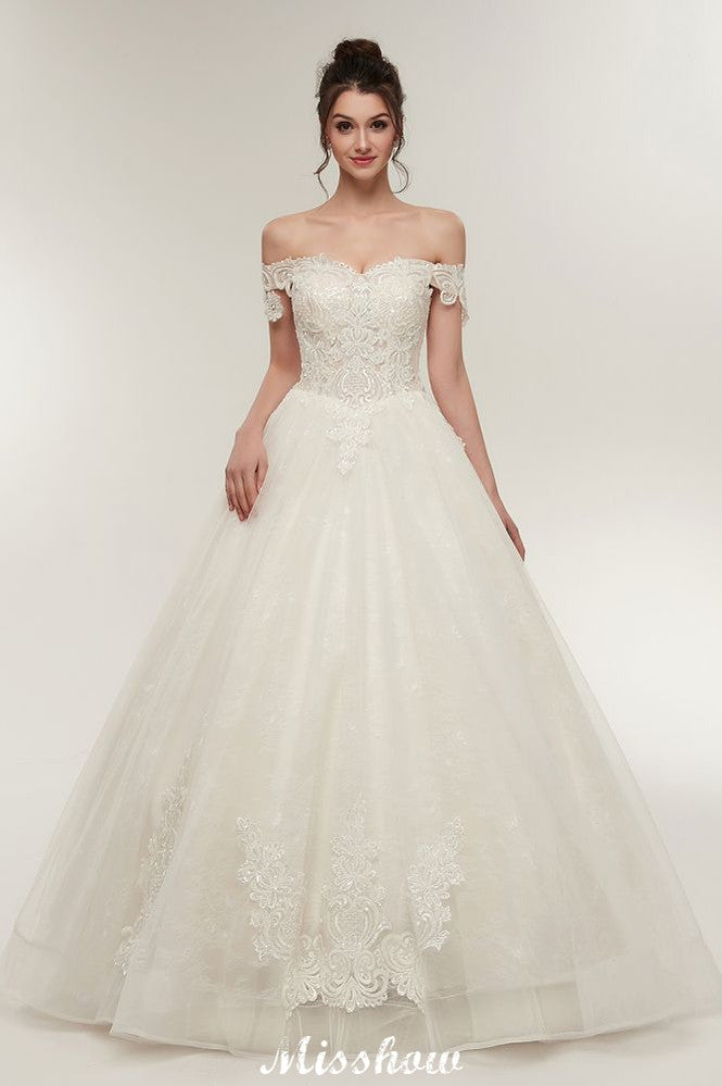 Vestidos de novia largos hasta el suelo con escote corazón, corte en A, cordones y apliques de encaje (hombros descubiertos)