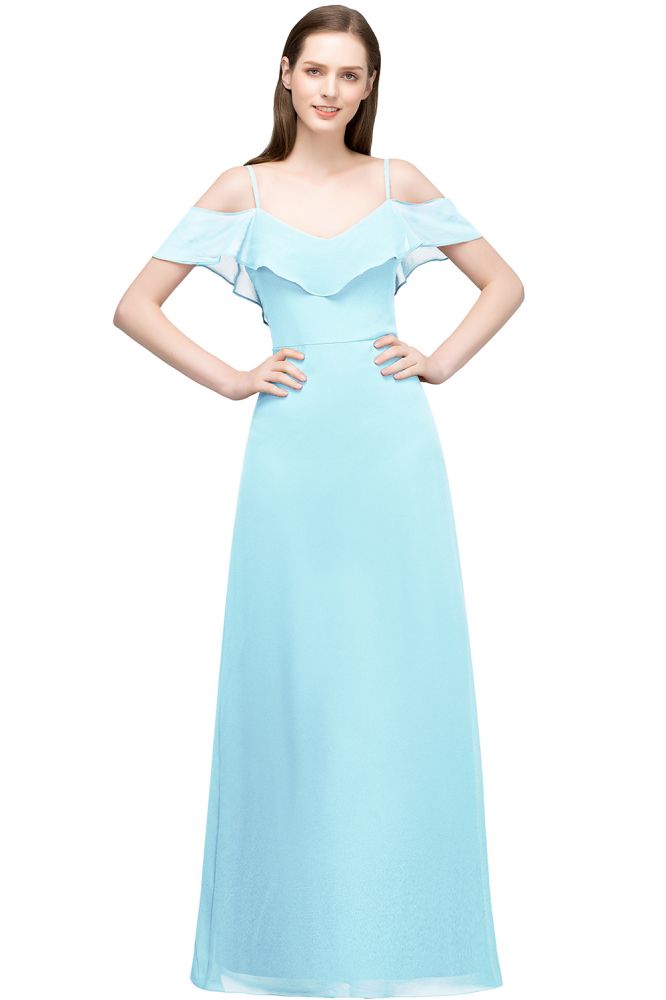 Off-shoulder V-neck A-line Spaghetti Long Chiffon Prom Dresses