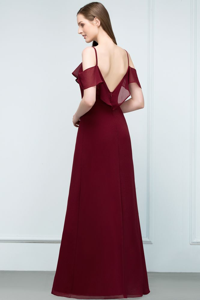 Off-shoulder V-neck A-line Spaghetti Long Chiffon Prom Dresses