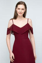 Off-shoulder V-neck A-line Spaghetti Long Chiffon Prom Dresses