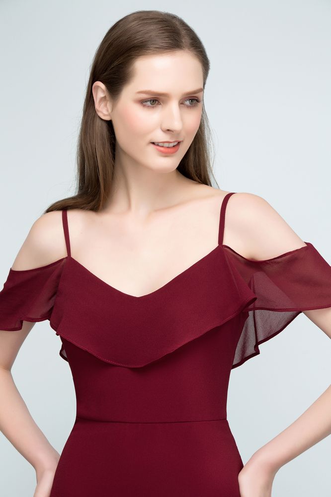Off-shoulder V-neck A-line Spaghetti Long Chiffon Prom Dresses
