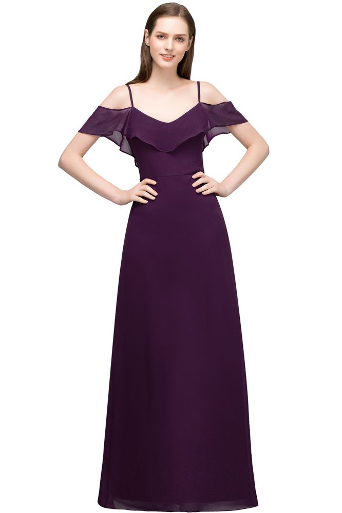 Off-shoulder V-neck A-line Spaghetti Long Chiffon Prom Dresses