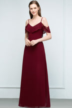 Off-shoulder V-neck A-line Spaghetti Long Chiffon Prom Dresses