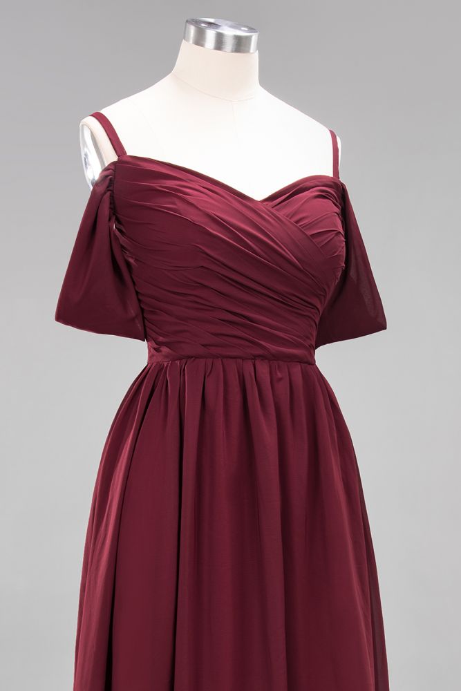 Vestido de dama de honor de gasa corte A con hombros descubiertos, vestido largo para invitada de boda