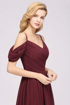 Vestido de dama de honor de gasa corte A con hombros descubiertos, vestido largo para invitada de boda