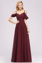 Vestido de dama de honor de gasa corte A con hombros descubiertos, vestido largo para invitada de boda