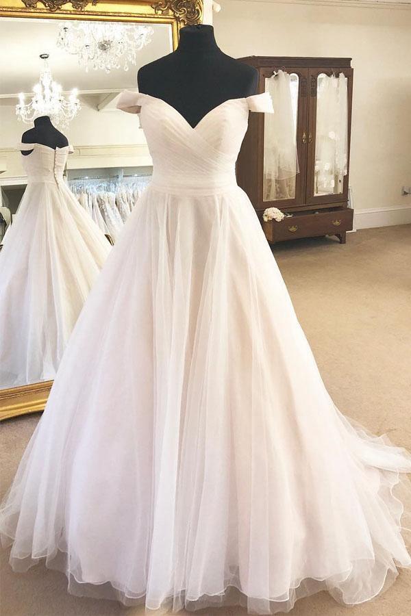 Vestido de novia color marfil, corte en A, con hombros descubiertos y pliegues WD418