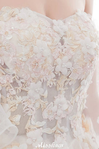 Vestido de novia de corte princesa, largo hasta el suelo, con apliques de tul y hombros descubiertos