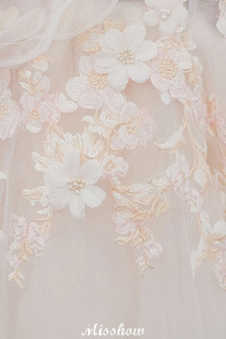 Vestido de novia de corte princesa, largo hasta el suelo, con apliques de tul y hombros descubiertos