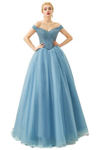 Vestido de fiesta de princesa corte princesa con hombros descubiertos, tul hasta el suelo, bordado con cuentas y cordones.