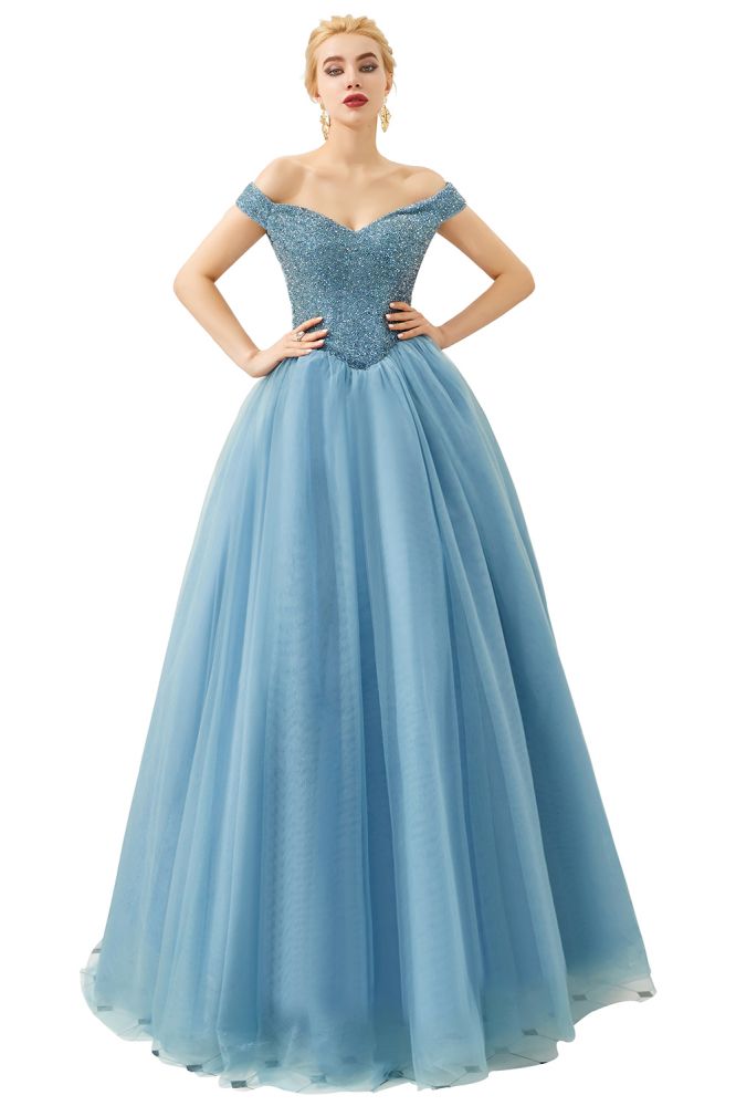 Vestido de fiesta de princesa corte princesa con hombros descubiertos, tul hasta el suelo, bordado con cuentas y cordones.