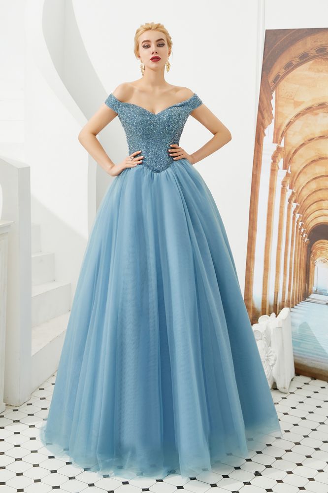 Vestido de fiesta de princesa corte princesa con hombros descubiertos, tul hasta el suelo, bordado con cuentas y cordones.