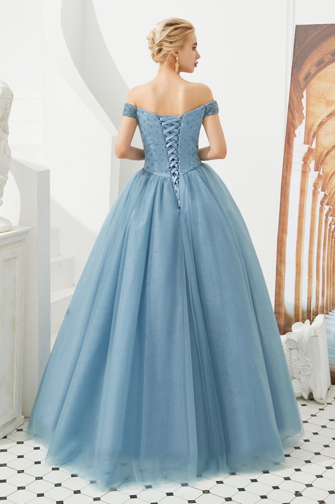 Vestido de fiesta de princesa corte princesa con hombros descubiertos, tul hasta el suelo, bordado con cuentas y cordones.