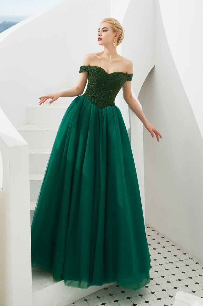 Vestido de fiesta de princesa corte princesa con hombros descubiertos, tul hasta el suelo, bordado con cuentas y cordones.