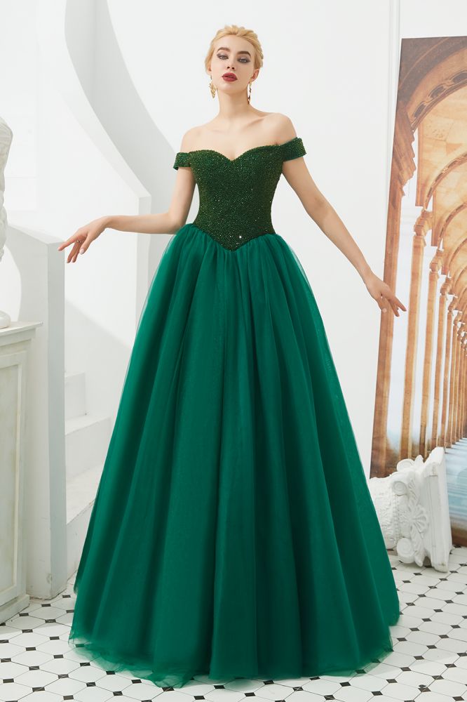 Vestido de fiesta de princesa corte princesa con hombros descubiertos, tul hasta el suelo, bordado con cuentas y cordones.