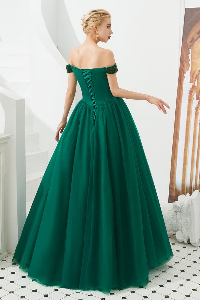 Vestido de fiesta de princesa corte princesa con hombros descubiertos, tul hasta el suelo, bordado con cuentas y cordones.