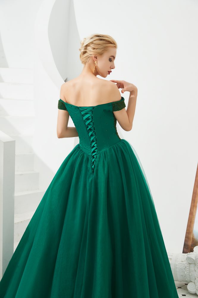 Vestido de fiesta de princesa corte princesa con hombros descubiertos, tul hasta el suelo, bordado con cuentas y cordones.