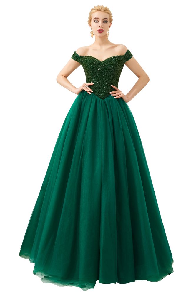 Vestido de fiesta de princesa corte princesa con hombros descubiertos, tul hasta el suelo, bordado con cuentas y cordones.