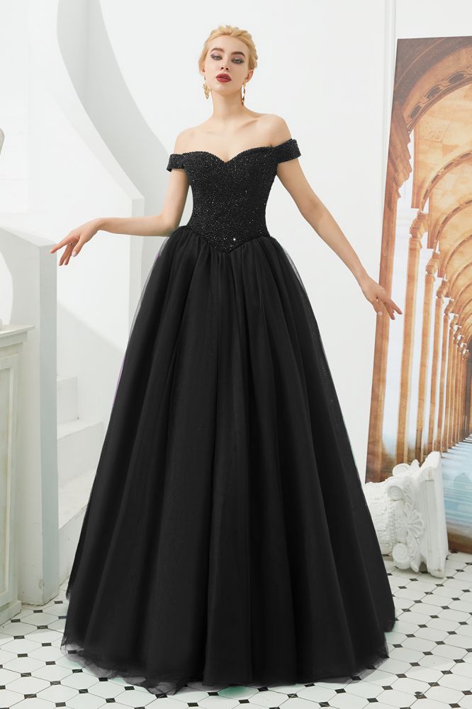 Vestido de fiesta de princesa corte princesa con hombros descubiertos, tul hasta el suelo, bordado con cuentas y cordones.