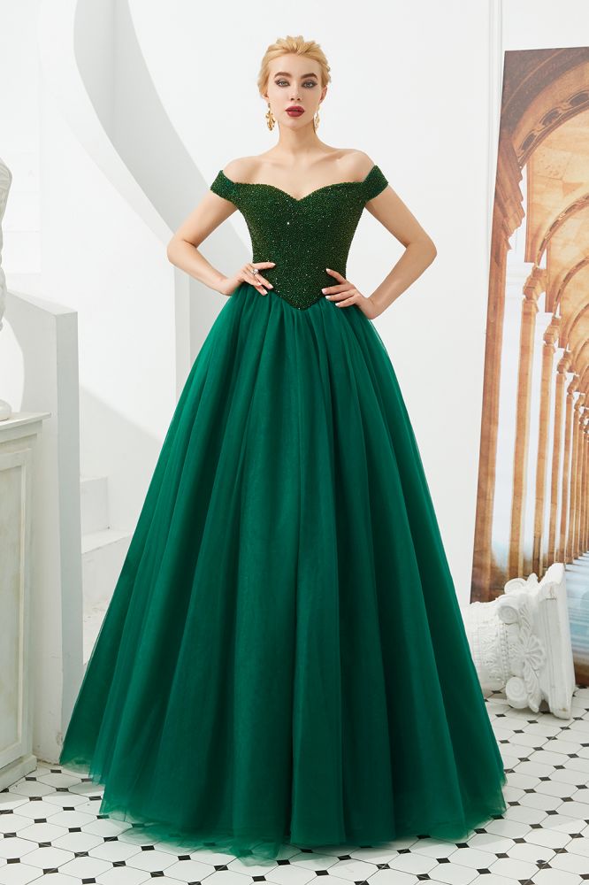 Vestido de fiesta de princesa corte princesa con hombros descubiertos, tul hasta el suelo, bordado con cuentas y cordones.