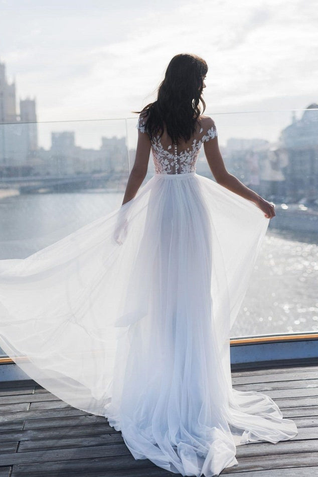 Robes de mariée trapèze à épaules dénudées et appliques | Robes de mariée en tulle fendues sur le côté 