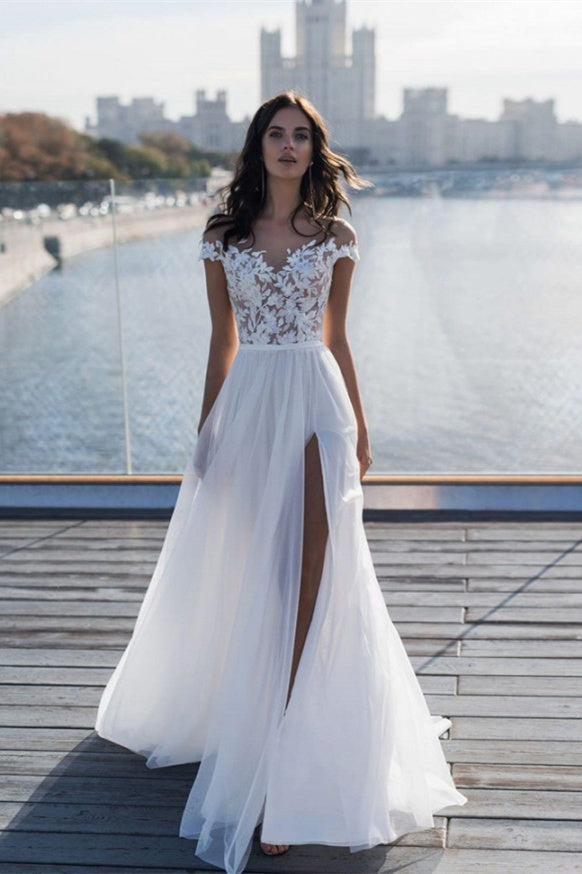 Robes de mariée trapèze à épaules dénudées et appliques | Robes de mariée en tulle fendues sur le côté 