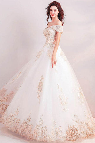 Vestido de novia largo de corte princesa con hombros descubiertos y apliques dorados WD368