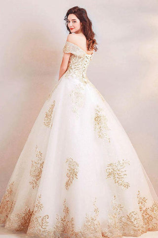 Vestido de novia largo de corte princesa con hombros descubiertos y apliques dorados WD368