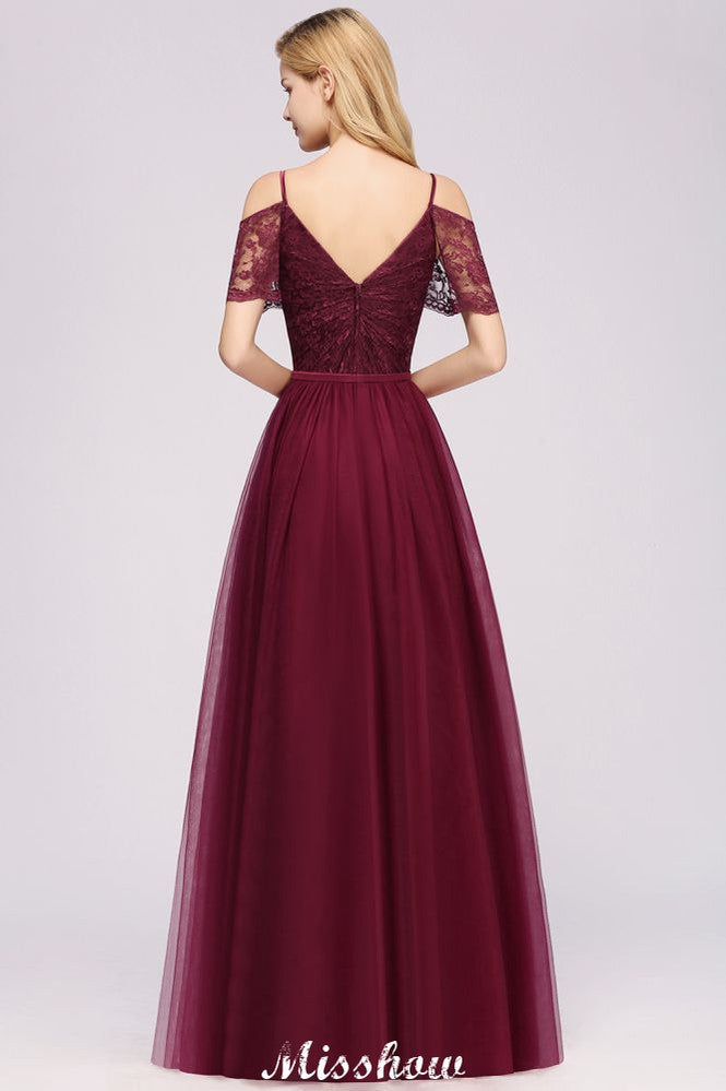 Vestido de dama de honor burdeos corte A con hombros descubiertos, largo hasta el suelo, de tul.